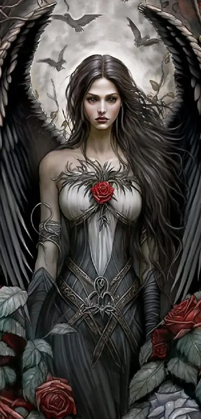 Gothic dark angel with roses and wings in fantasy art style.