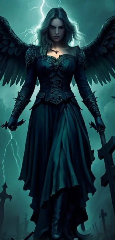 Gothic dark angel with wings in a stormy sky.