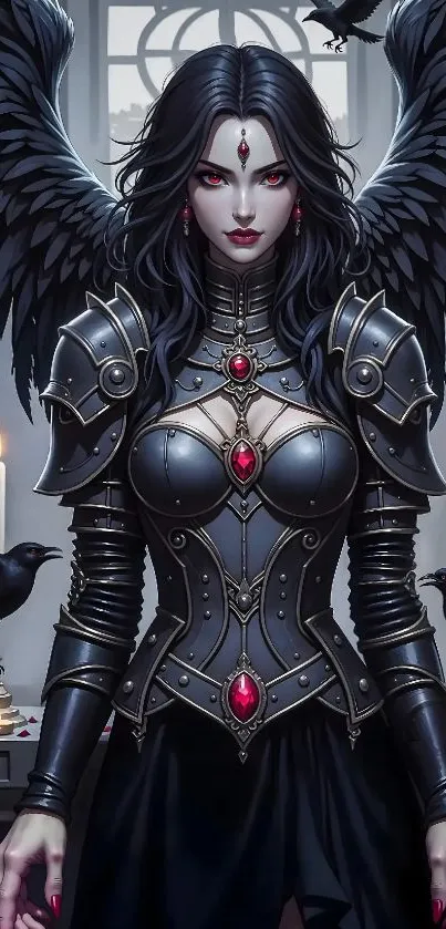 Gothic dark angel with black wings and armor in a mystical setting.