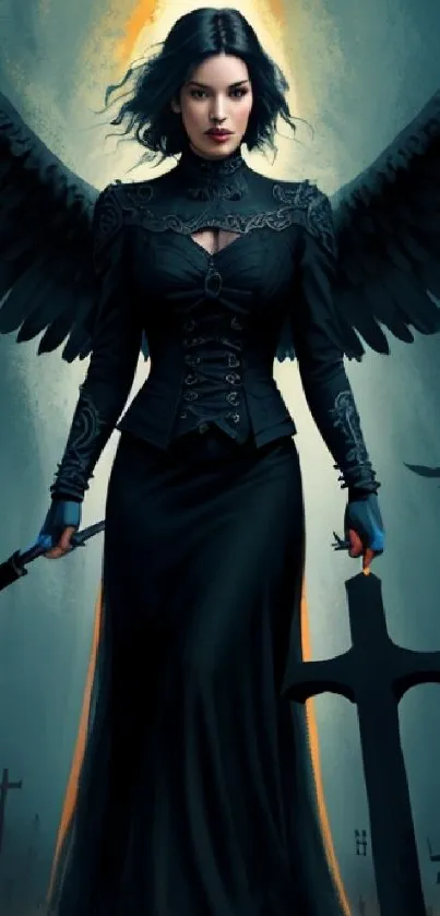 Dark angel in gothic style with black wings and mystical atmosphere.