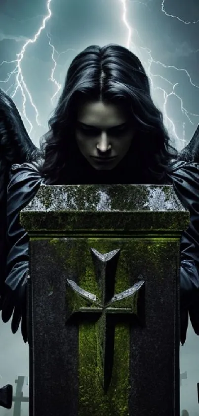 Dark angel with wings in gothic stormy setting.