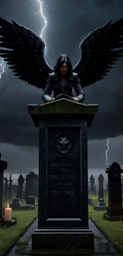 Dark angel with wings in a stormy cemetery with candles.