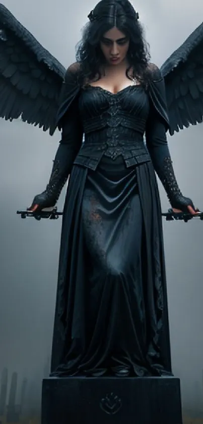 Dark angel with wings in a foggy cemetery, holding fiery swords.