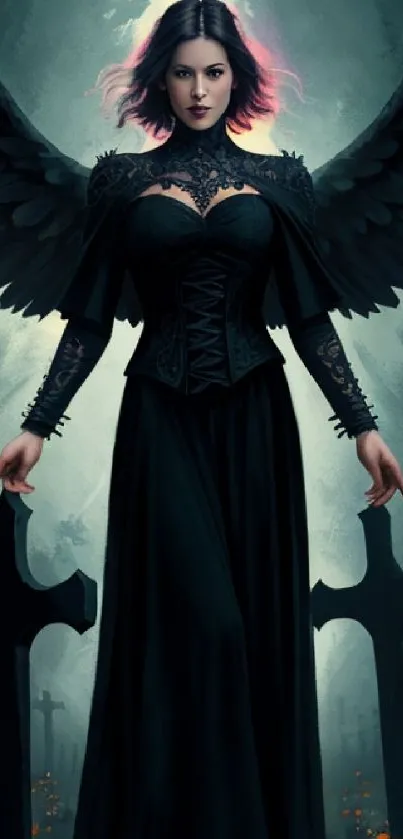 Dark angel with wings in a mystical forest with crosses.