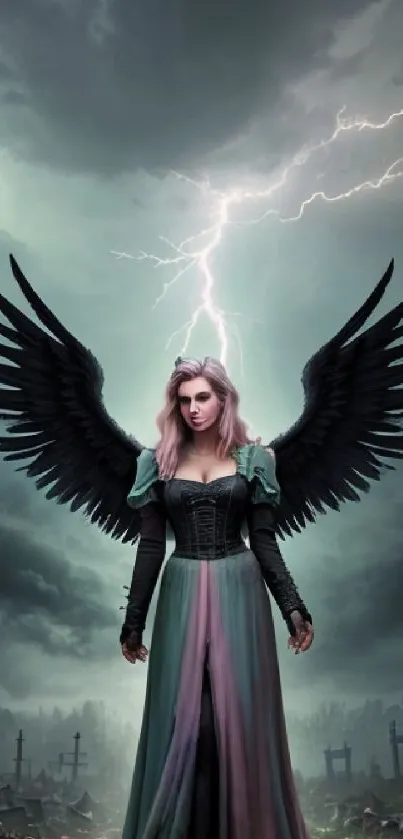 Dark angel with wings in a stormy cemetery, illuminated by lightning.