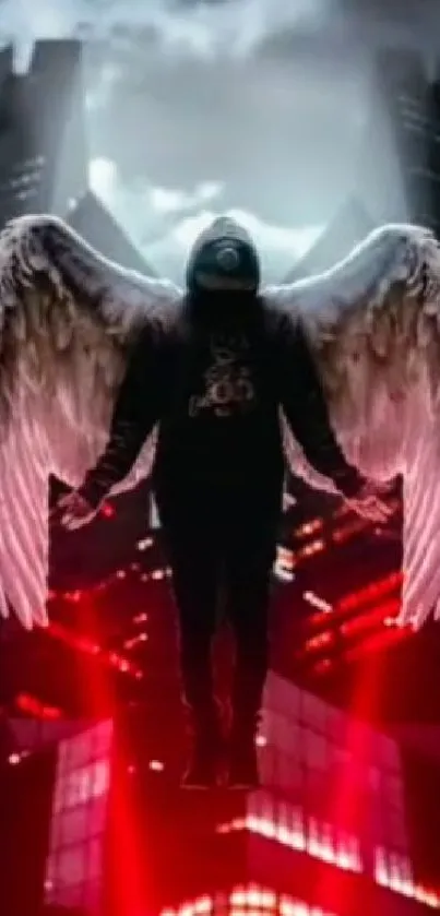 Dark angel with wings in urban scene.