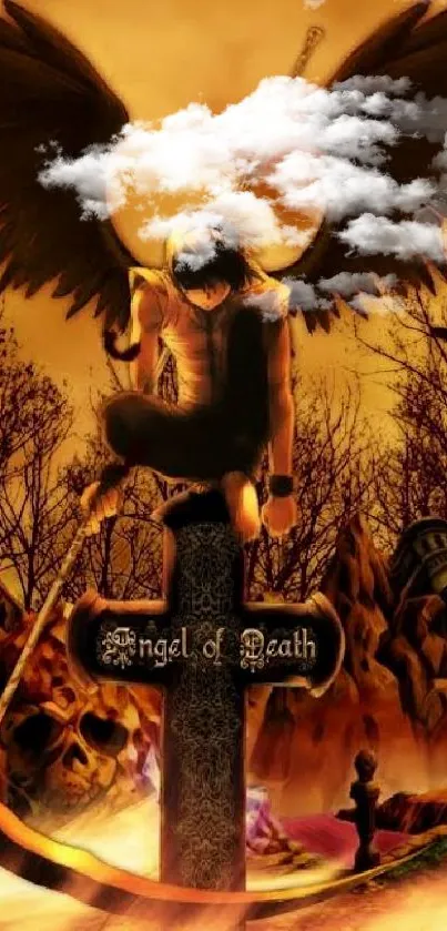 Dark angel perched on tombstone with fiery background.