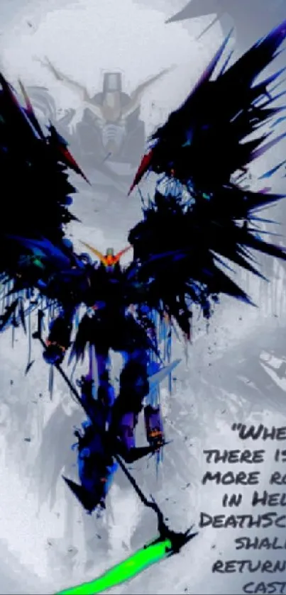 Dark angel wallpaper with vivid blue wings and a dramatic figure.