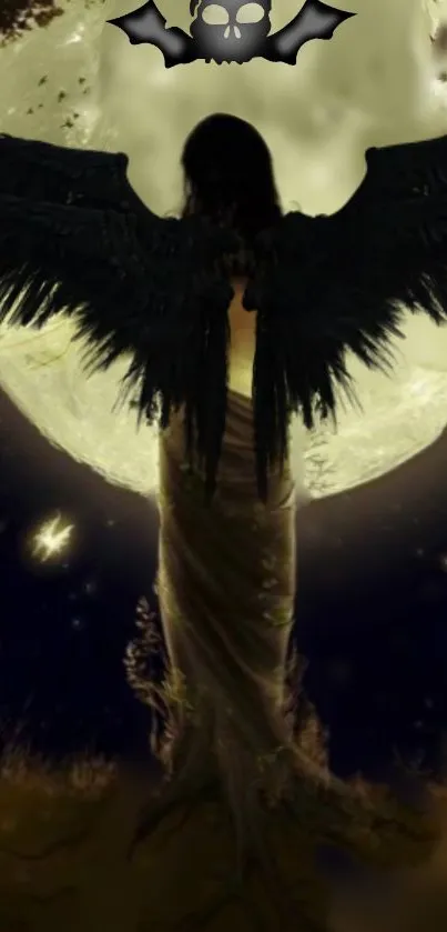 Gothic dark angel with wings in moonlit night scene.