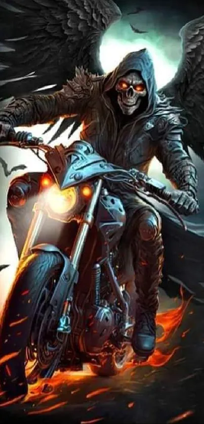 Dark angel on motorcycle with fiery effects for a striking mobile wallpaper.