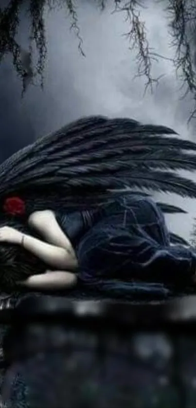 Dark angel with black wings lying down on a dark background.