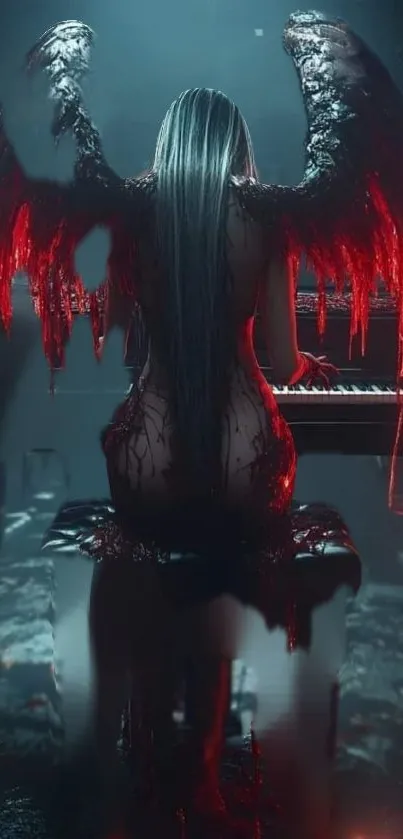 Back view of dark angel playing piano in mystical lighting.