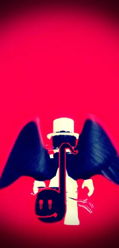 Dark angel silhouette with black wings on a red background.