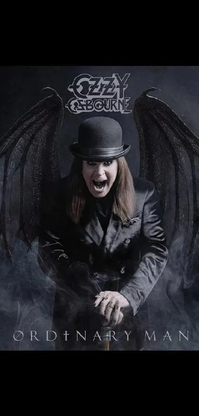 Dark angel with black wings and hat in rock-themed gothic art.