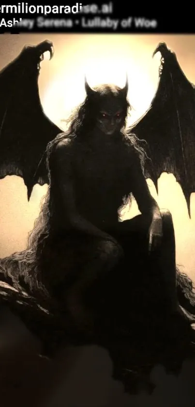 Dark angel with glowing eyes in a silhouette poses against a luminous background.