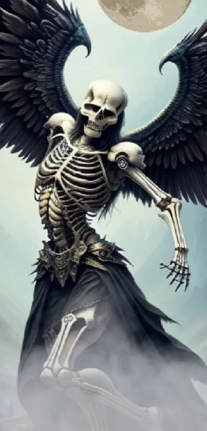 Dark angel skeleton with wings under a full moon on a mystical landscape.