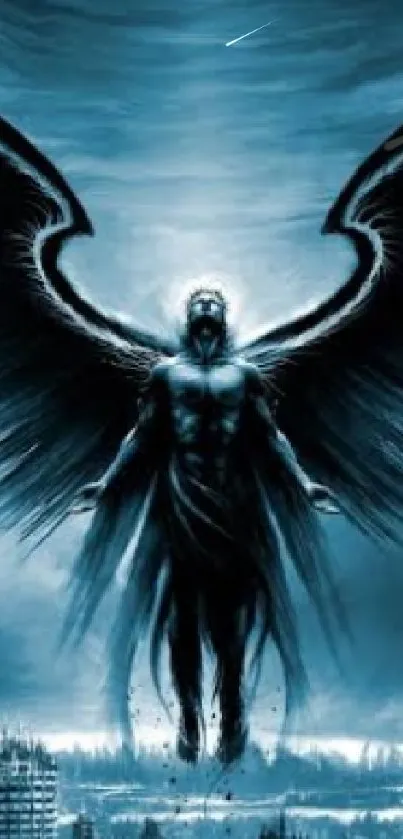 Dark angel in the night sky with powerful wings.