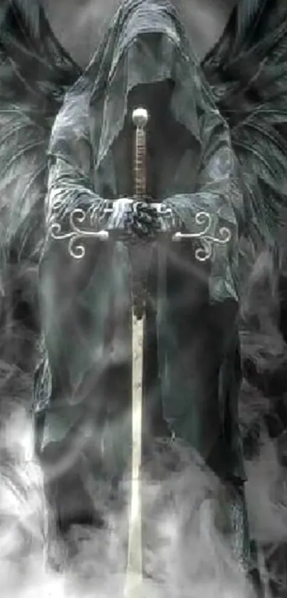 Dark angel with a sword surrounded by smoke.