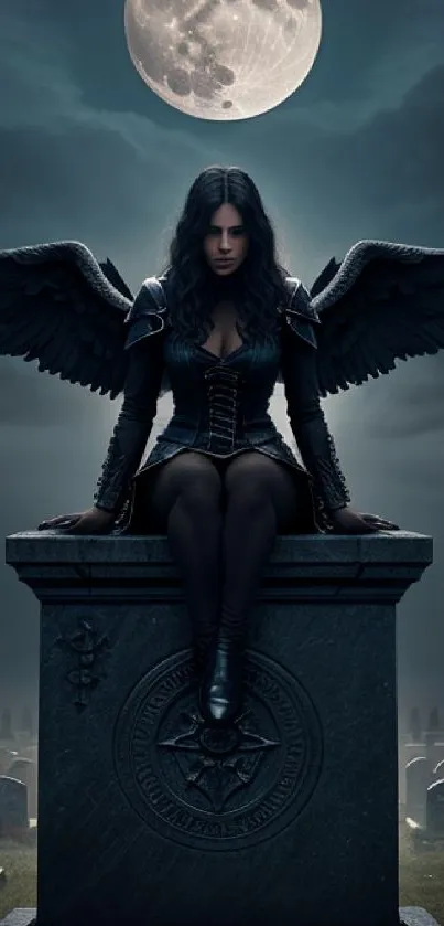 Dark angel with wings under full moon on a tombstone, perfect gothic wallpaper.