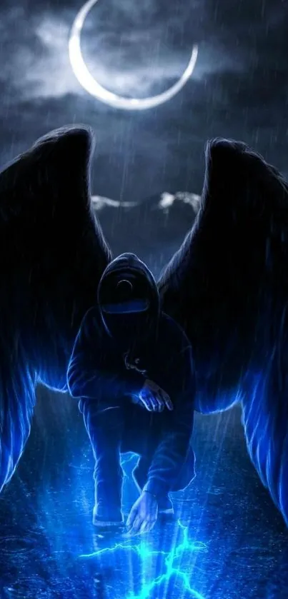 Dark angel with blue glow under crescent moon in cloudy night sky.