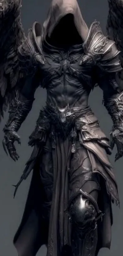 A dark-clad angel warrior with detailed armor and wings.