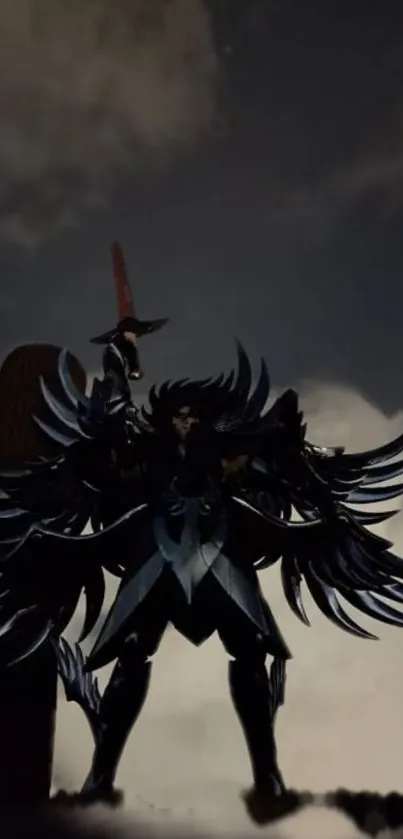 Dark angel warrior with wings and sword in dramatic sky.