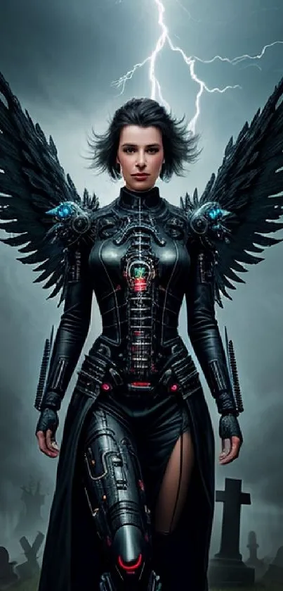 Dark angel warrior with gothic wings under a stormy sky.