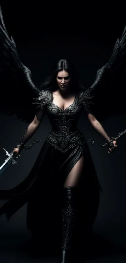 Dark Angel Warrior with wings and sword in a mystical pose.