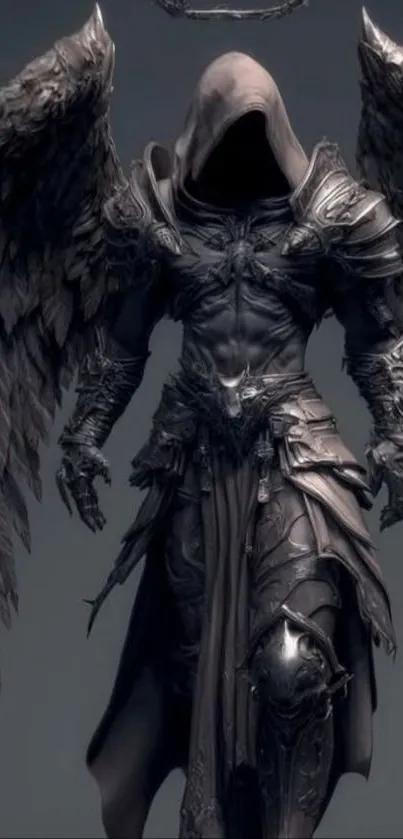 Dark angel warrior in grayscale with intricate armor and wings.