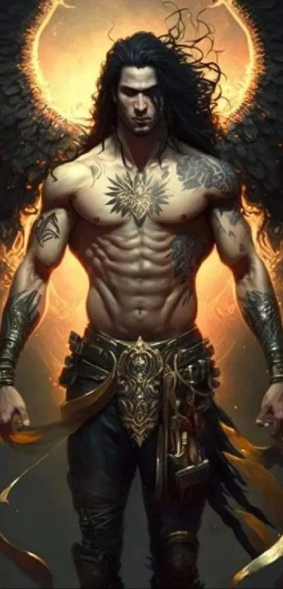 Dark angel warrior with mystical wings and fiery background.