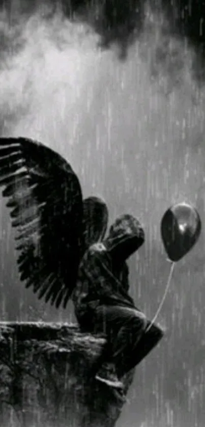 Black and white wallpaper of a winged figure with a balloon on a rainy cliff.