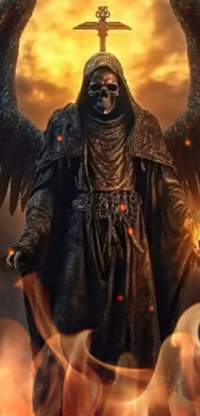 Dark angel with wings and glowing skull in fiery setting.