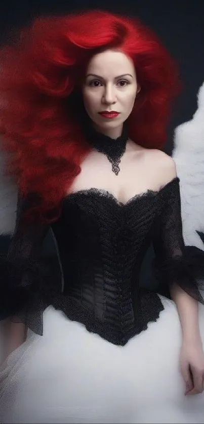 Dark angel with red hair and white wings on a stunning mobile wallpaper.