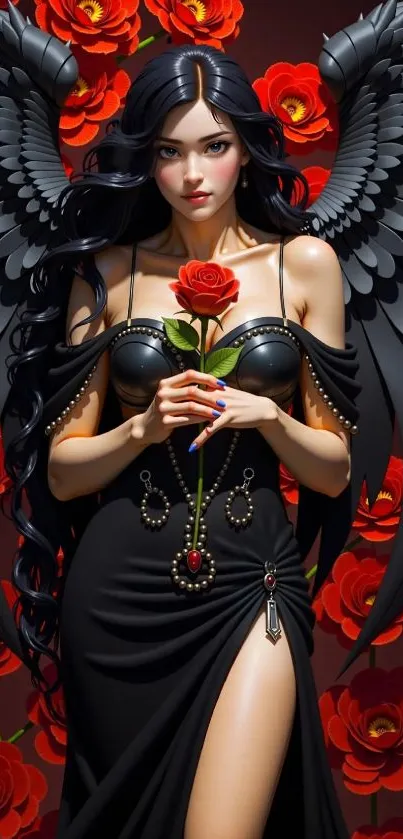 Mysterious dark angel holding a red rose with black wings and vibrant red roses background.