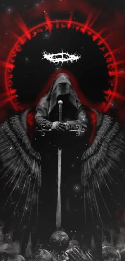 Dark angel with sword and red aura artwork.