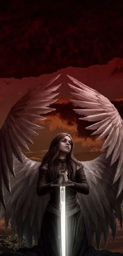 Dark angel with wings holding a sword against a crimson sky.