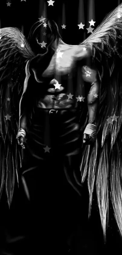 Dark angel with wings in monochrome design.