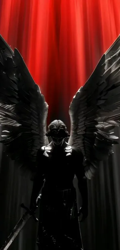 Dark angel silhouette with striking red light wings
