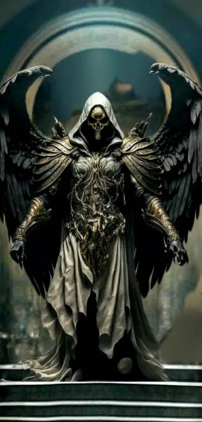 Mystical dark angelic figure with detailed wings and armor.