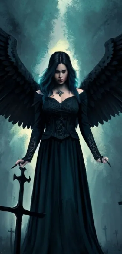 Dark angel with wings in a mystical setting.