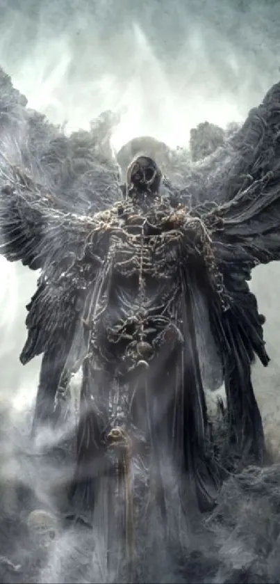 Dark gothic angelic figure in swirling mist wallpaper.