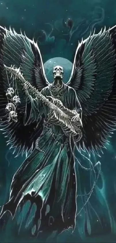 Dark angelic Grim Reaper with wings in teal tones.