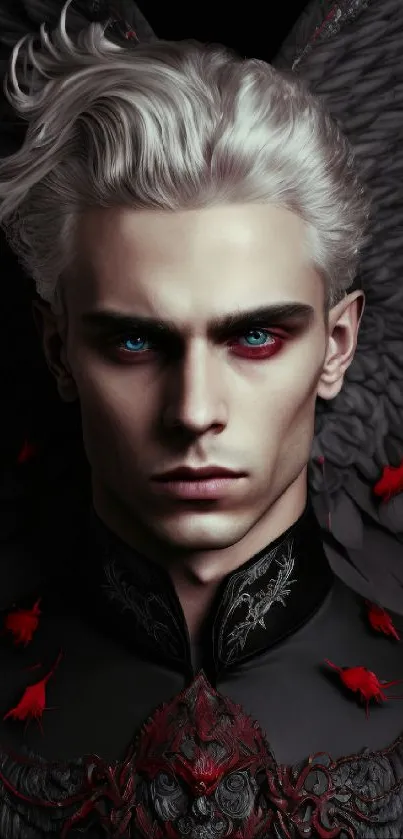 Dark angelic portrait with intricate black wings and red accents.