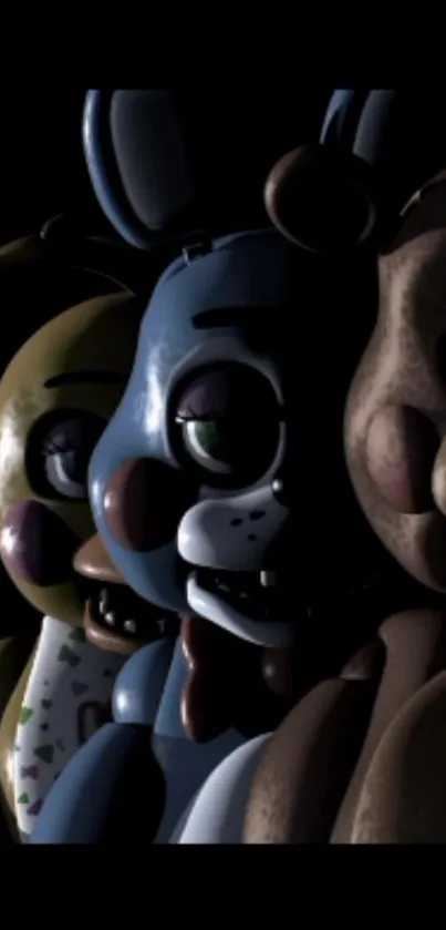 A dark wallpaper featuring three eerie animatronic characters in shadows.