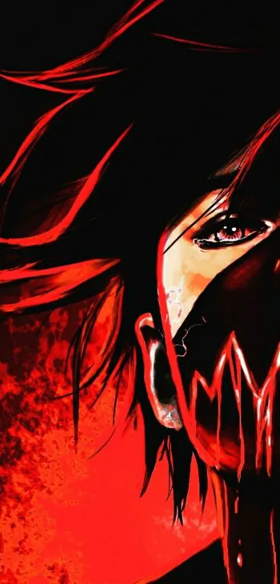 Dark anime wallpaper with red and black tones, featuring mysterious character.