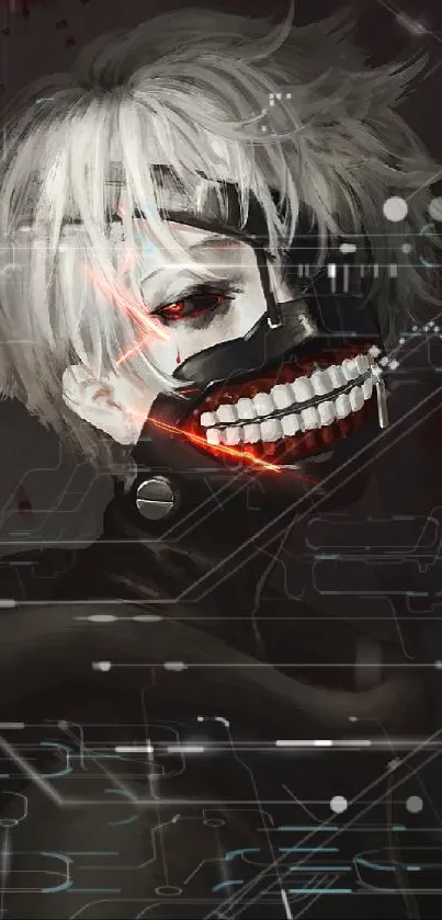 Anime character with mask and white hair, dark theme.