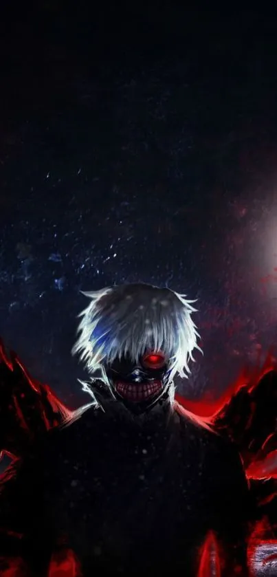 Dark anime character with mask and red eyes.