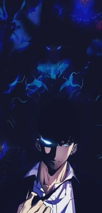 Dark anime art with mysterious figure in blue shadows.