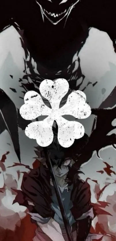 Dark anime wallpaper with a mysterious figure and white clover symbol.