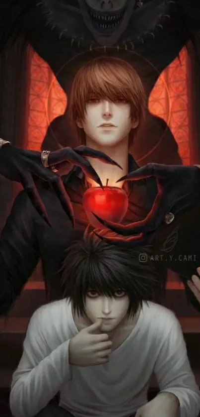 Intense anime artwork featuring two characters and a red apple.